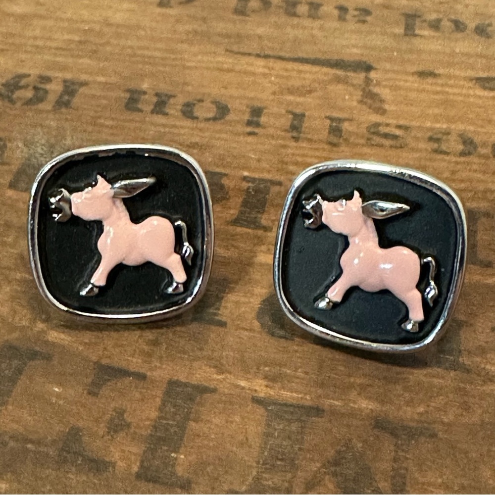 Hickok Pink Enamel Silver Toned Donkey Cufflinks Vintage